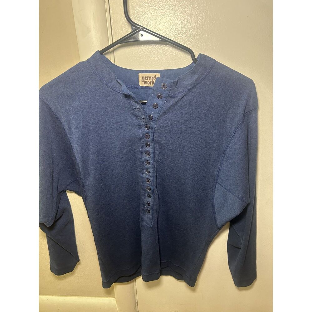 Vintage Gerard Work Blue Knit Henley Shirt Multi Button Long Sleeve Size S